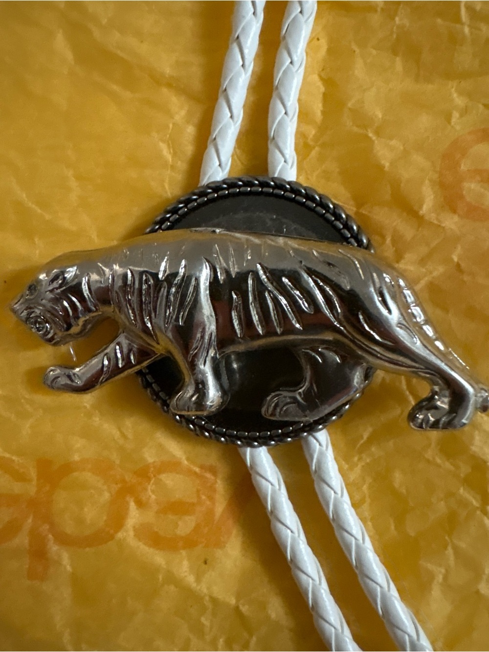 Silver Tiger Bolo Tie - White Cord Women Jewelry